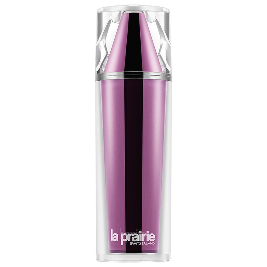 Sleek, elongated bottle featuring a gradient of deep purple and silver, with a distinctive geometric cap, labeled "La Prairie" in white at the base.