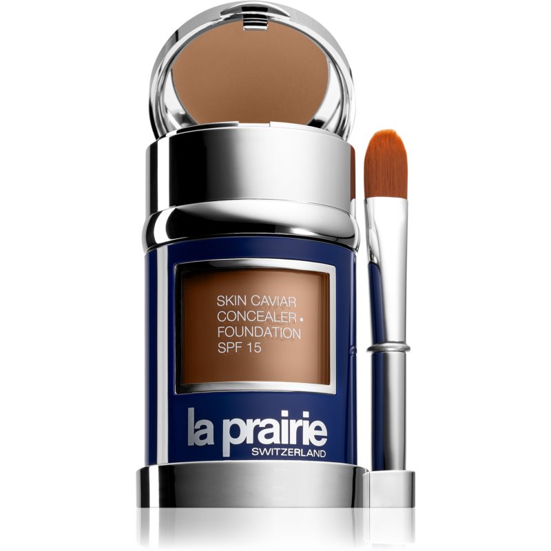La Prairie Skin Caviar Concealer Foundation in new packaging, featuring a blue and silver container, includes a 30ml foundation and 2g concealer with a brush applicator, shade N-20 Pure Ivory.