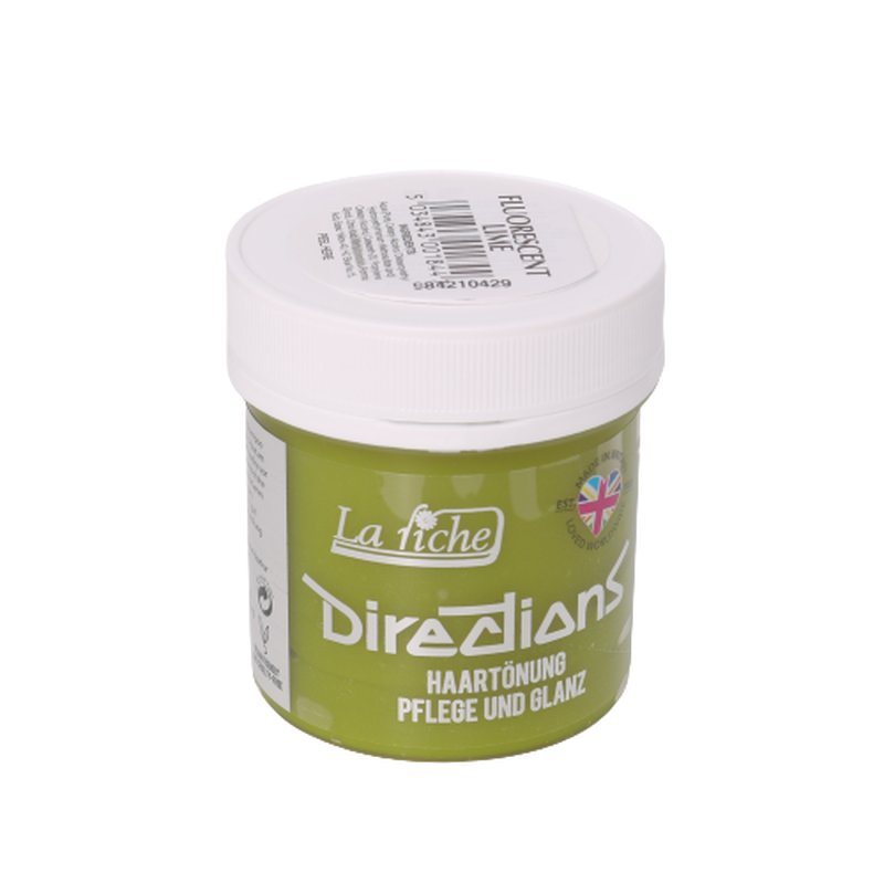Fluorescent lime green semi-permanent hair color in a 100ml plastic tub, labeled "La Riche Directions" with English and German text, featuring a white lid.