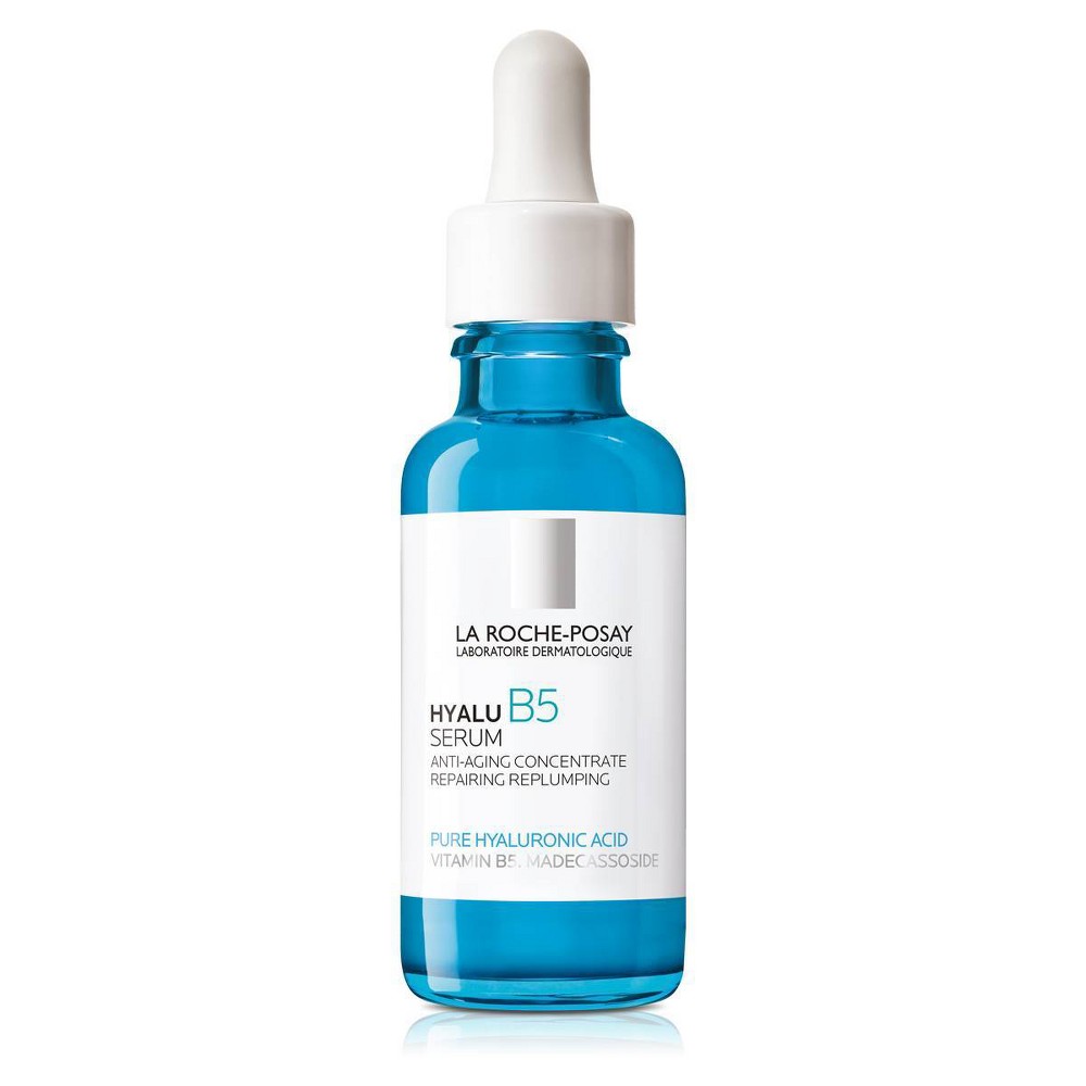 Blue glass dropper bottle of La Roche-Posay Hyalu B5 Serum, featuring a white label with black text, highlighting anti-wrinkle and hydrating properties, 30ml size.