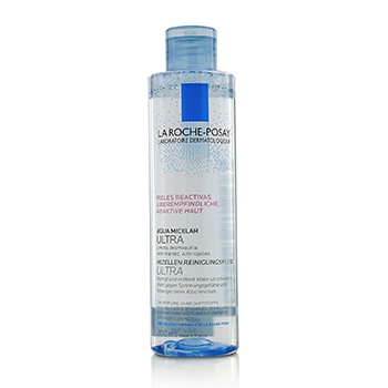 Clear plastic bottle of La Roche-Posay Micellar Water Ultra for Reactive Skin, featuring a blue label with white text, and a light blue cap, containing 200ml of product.