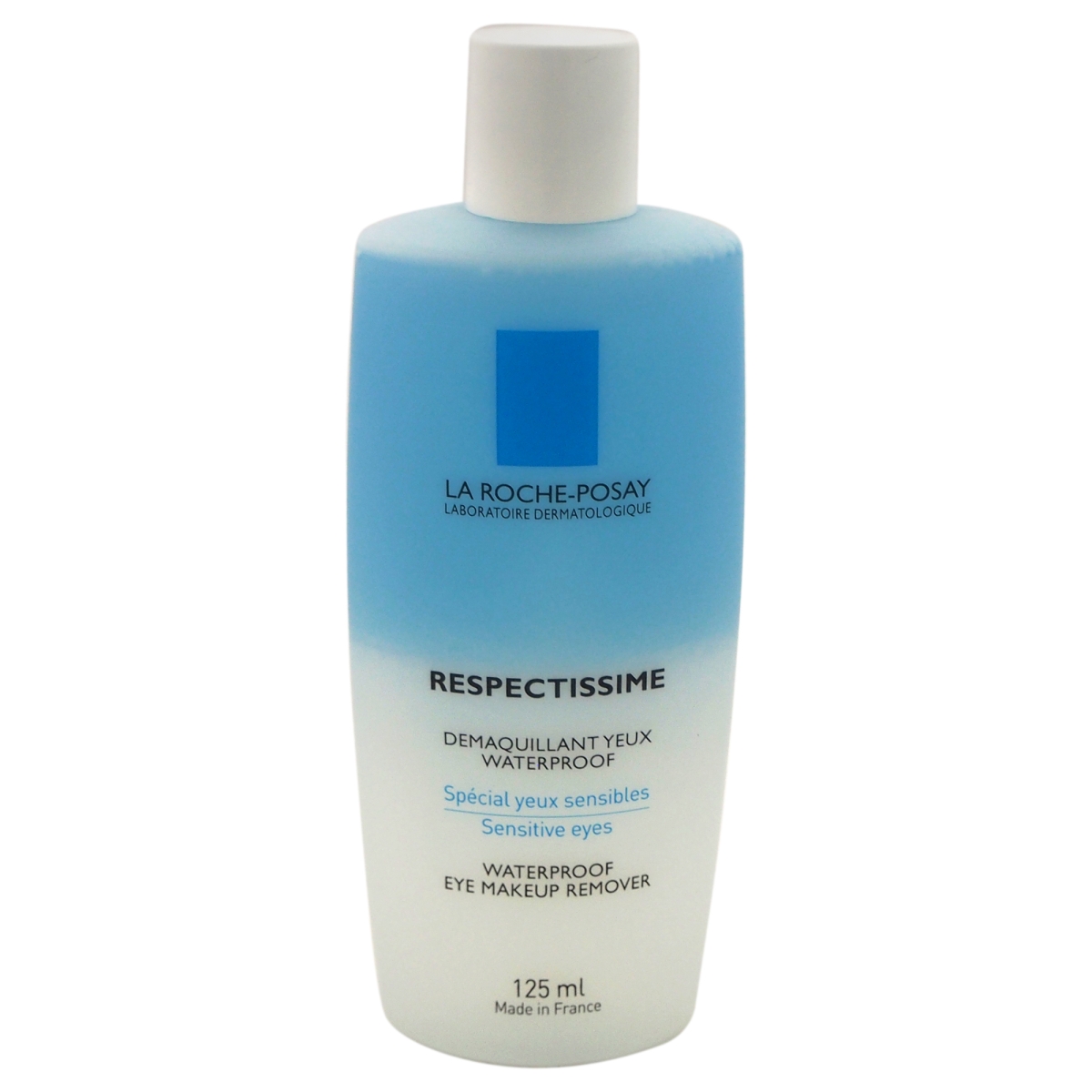 La Roche-Posay Respectissime Waterproof Eye Makeup Remover in a 125ml blue and white bottle, featuring a sleek design and labeled for sensitive eyes.