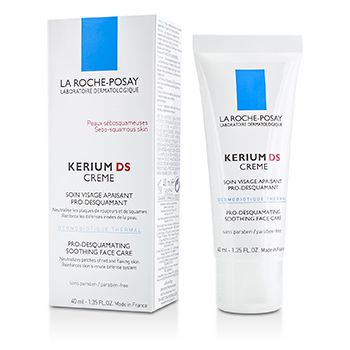 White tube of La Roche-Posay Kerium DS soothing cream with a blue label, placed beside a matching white and blue box, both designed for sensitive skin care.