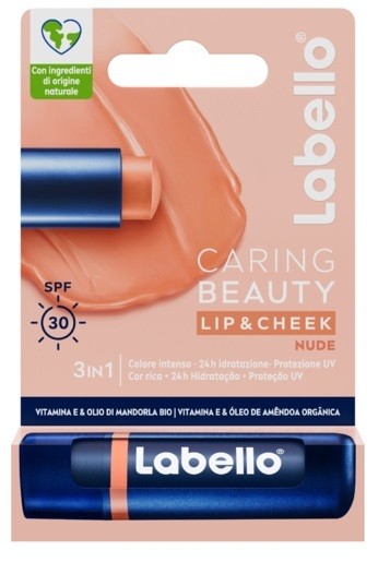 Labello Caring Beauty 3-in-1 stick in nude shade, featuring SPF 30, enriched with Vitamin E and organic almond oil, packaged in a blue and white tube with a clear cap.