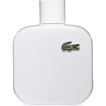 Square white bottle of Lacoste Water of Lacoste L.12.12. White EDT, featuring a green embroidered crocodile logo on the front, with a minimalist design and a simple white cap.