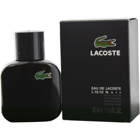Black rectangular box with green Lacoste logo, featuring a 30ml glass bottle of Eau De Lacoste L.12.12 Noir with a sleek design and black cap.