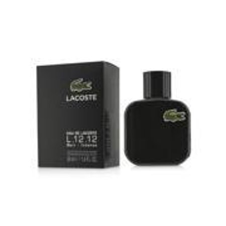 Black rectangular box with Lacoste logo and product name, alongside a sleek black bottle with a minimalist design and a matching cap, containing 1.6 oz of Eau De Toilette for men.