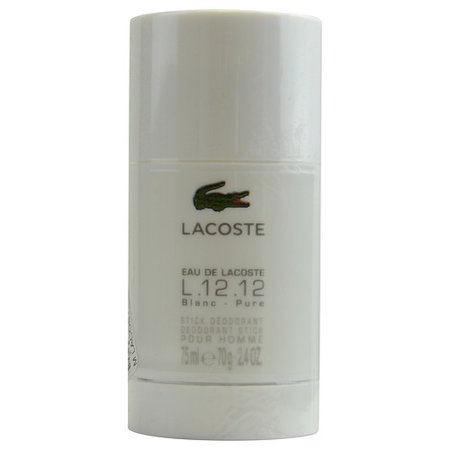 White cylindrical stick deodorant with green Lacoste logo and "Eau De Lacoste L.12.12" text, featuring a clean, minimalist design and a 75 ml capacity.