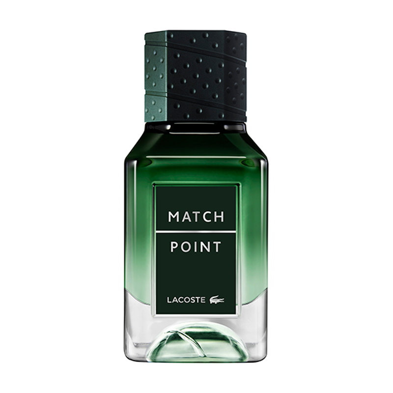 Green gradient glass bottle with a black textured cap, featuring a white label that reads "MATCH POINT" and the Lacoste logo at the bottom.
