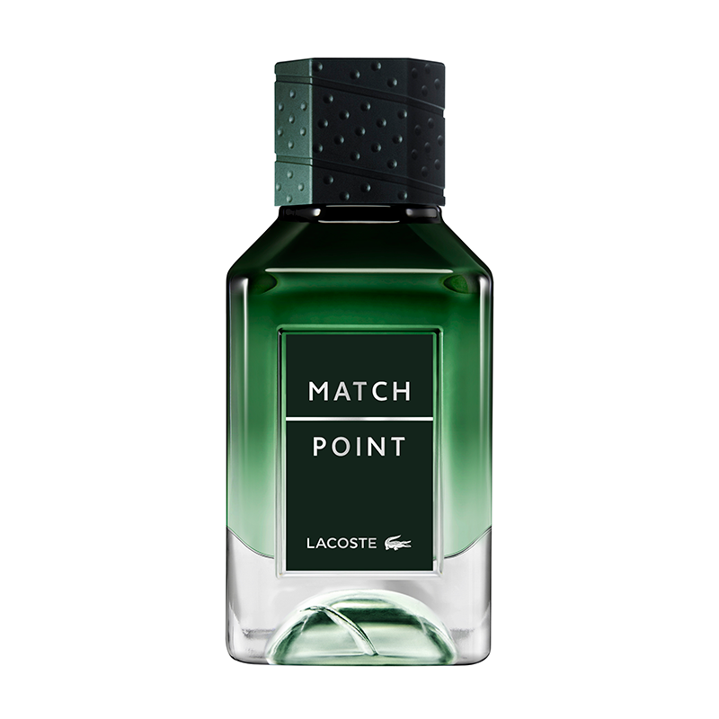 Green gradient glass bottle with a black textured cap, featuring a white label that reads "MATCH POINT" and the Lacoste logo at the bottom.