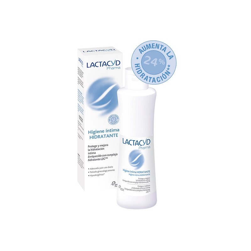 Lactacyd Pharma Moisturizing 250ml bottle, white plastic with a blue label, features a curved design and a flip-top cap, accompanied by a white box displaying hydration benefits.
