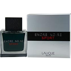 Dark green glass bottle with a black cap, featuring the label "Encre Noire Sport" in bold white and red text, alongside a silver box with a sleek design.