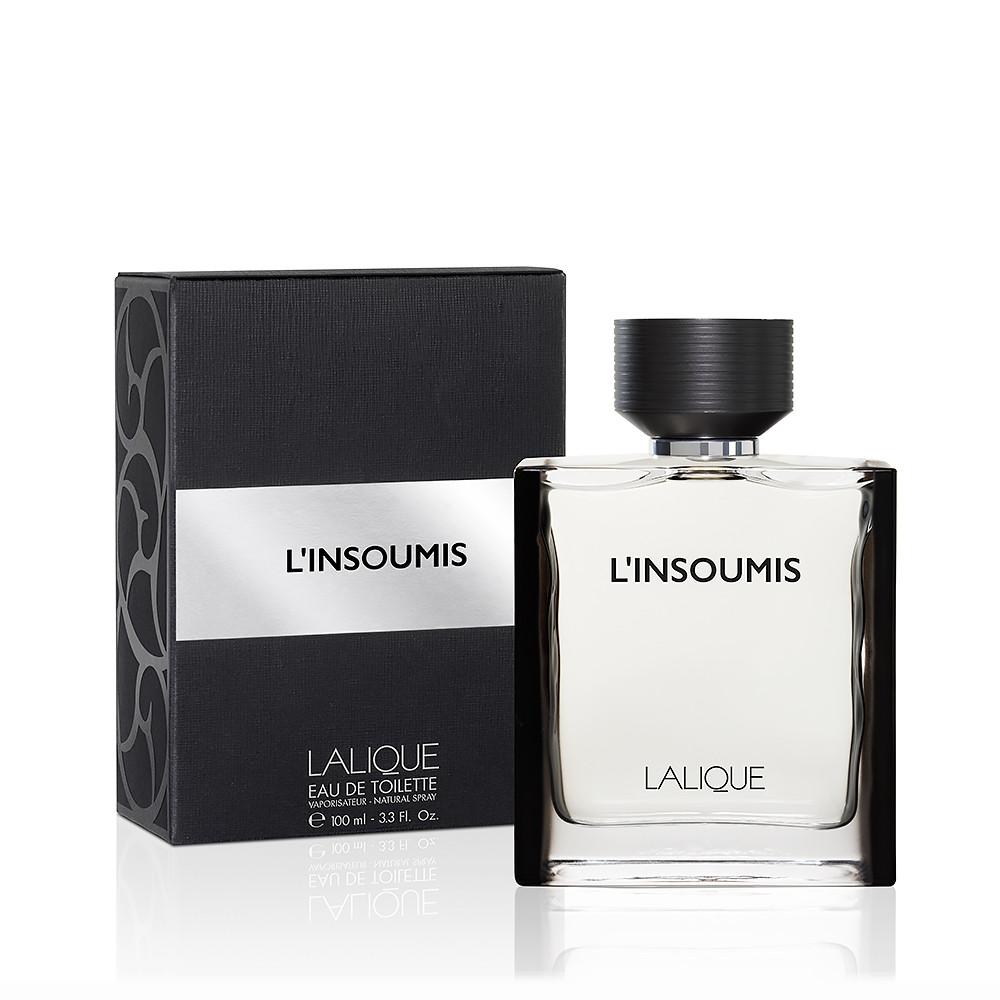 Clear glass bottle with a sleek, rectangular design, topped with a black cap, alongside a black box featuring silver text, labeled "L'insoumis" by Lalique.