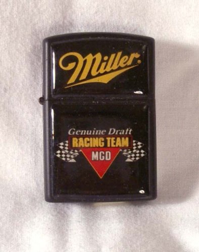 Black lighter featuring the Miller logo in gold, with "Genuine Draft Racing Team" and a red triangle design, set against a white background.
