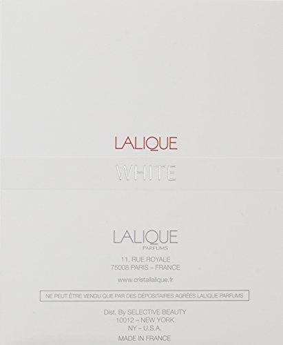 Lalique White Pour Homme Eau De Toilette Spray in a sleek, minimalist white box featuring elegant black text and a logo, highlighting its luxury fragrance.