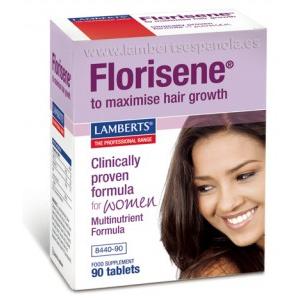 Lamberts Florisene for Women, a box containing 90 tablets, features a smiling woman on the front, with a purple and white design highlighting its hair growth benefits.