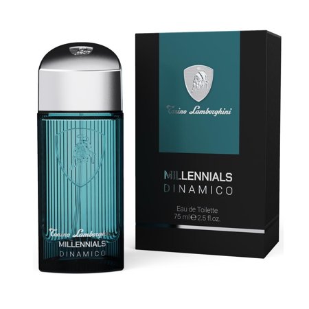 A sleek, rectangular bottle of Tonino Lamborghini Millennials Dinamico EDT in teal glass with vertical lines, topped with a silver cap, next to a black box featuring the Lamborghini logo.