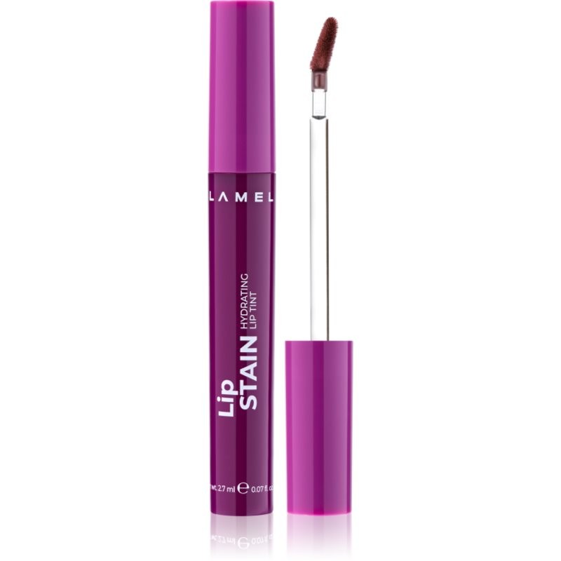 Deep berry-colored lip stain in a sleek, glossy tube with a purple cap, featuring a precise applicator wand for easy application.