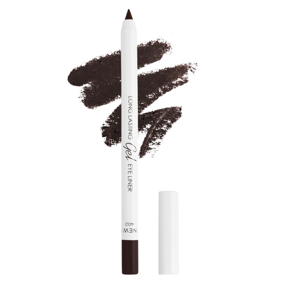 Brown gel eyeliner pencil with a creamy texture, featuring a white barrel and cap, alongside a swatch of rich brown pigment.