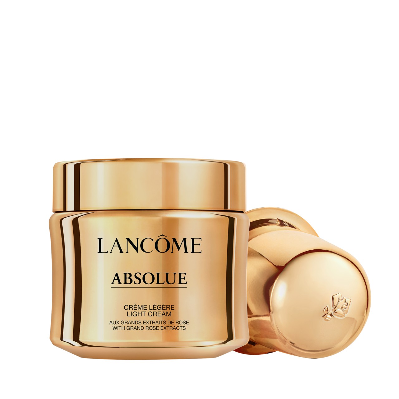 Gold jar of Lancôme Absolue Light Cream refill, featuring a sleek design with a shiny finish and embossed logo, accompanied by a matching golden lid.