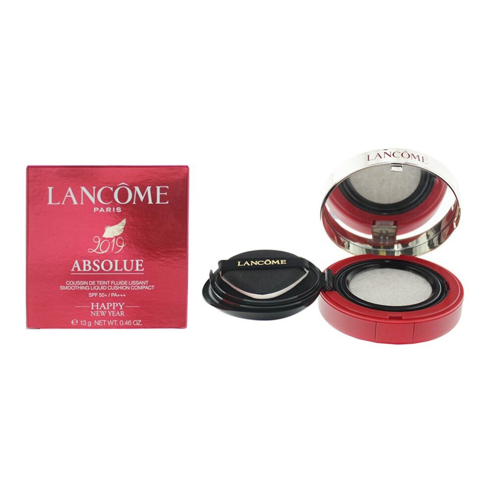 Lancôme Absolue Liquid Foundation in shade 100-Ivoire-P, housed in a sleek red compact with a mirror, features SPF 50+ and weighs 13g.