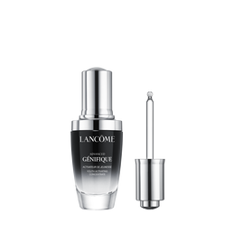Lancôme Advanced Génifique Youth Activating Serum in a sleek glass bottle with a silver cap, featuring a dropper for precise application, labeled prominently in black and silver.