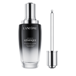 Clear glass bottle with a gradient from dark to light, featuring a silver cap and dropper, labeled "Lancôme Advanced Génifique" in elegant font.