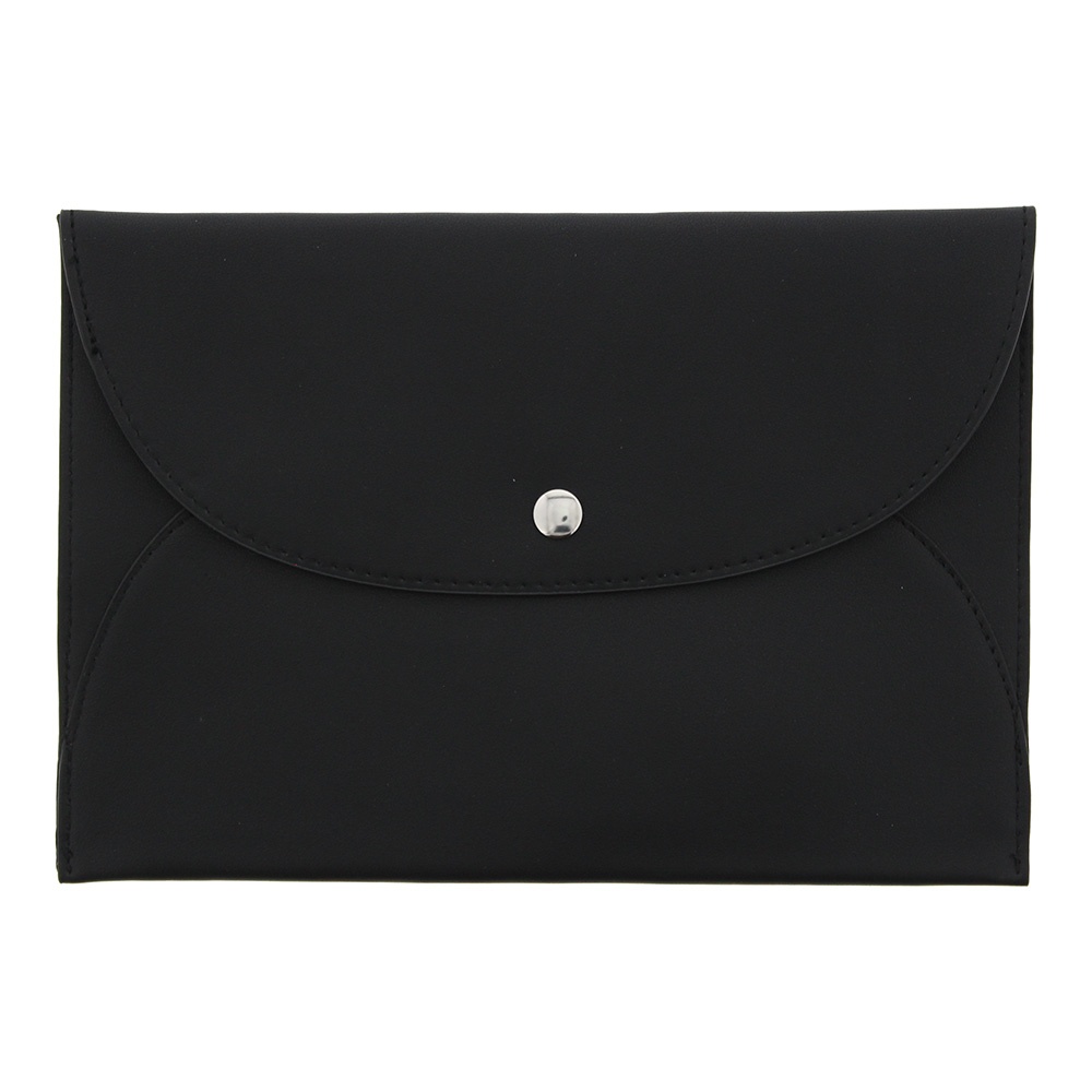 Black clutch by Lancôme, made of smooth material with a flap closure and a silver snap button, featuring elegant stitching details.
