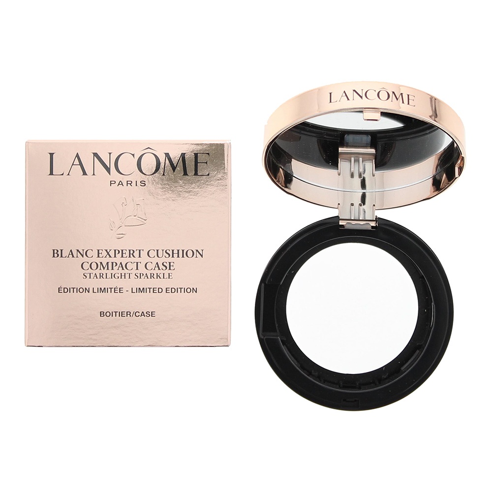 Rose gold compact case with a glossy finish, featuring the Lancôme logo on the lid, and an empty interior designed for cushion foundation refills, accompanied by a matching box.