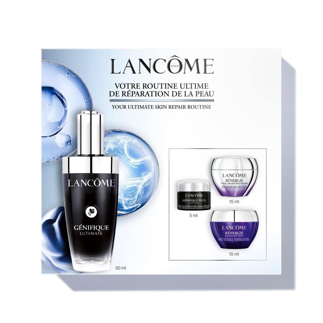 Lancôme Genifique 50ml Day to Night Set featuring a sleek black serum bottle, two cream jars in purple and white, all set against a light blue background with a glossy finish.