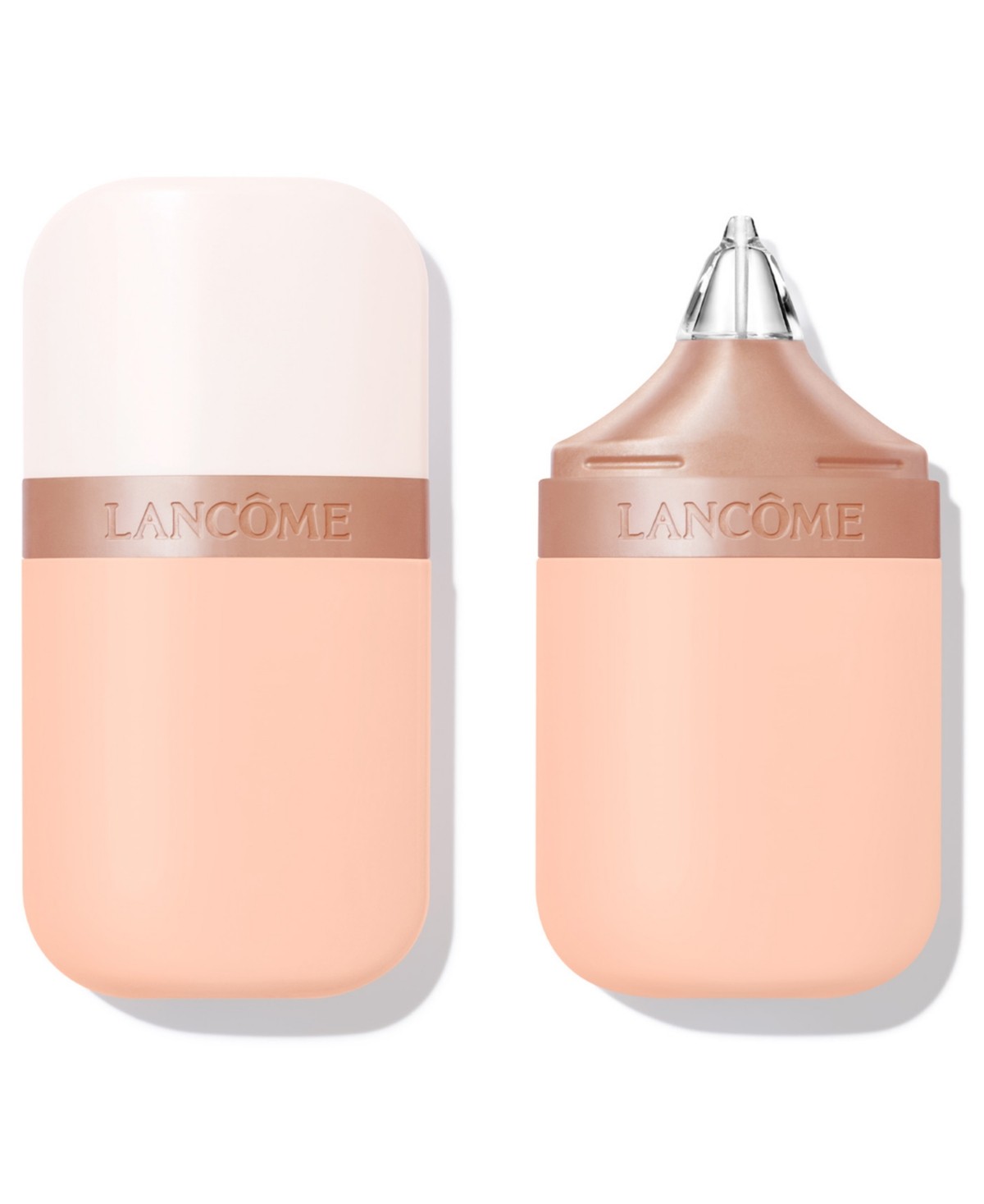 Lancôme Skin IDôle 3 Serum Supertint features a sleek, two-tone container with a white top and peach bottom, showcasing an ultra-lightweight tinted serum for a radiant glow.