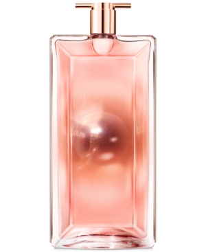 Clear rectangular bottle with a soft pink gradient, featuring a round pearl inside, topped with a sleek rose gold cap, labeled "Lancôme IDôle Aura EDP 100 Ml."