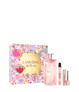 Lancôme IDôle Gift Set features a pink bottle of perfume, a mini mascara, and a lip gloss, all presented in a colorful, decorative box with heart motifs.