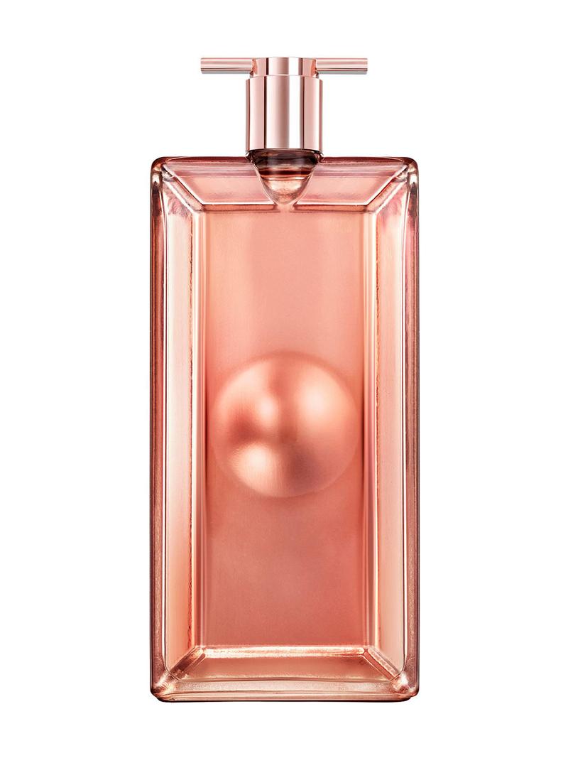 Clear rectangular bottle with a soft pink hue, featuring a rounded center and a sleek metallic cap, labeled "Lancome Idole L'intense Eau De Parfum 2.5 Oz."