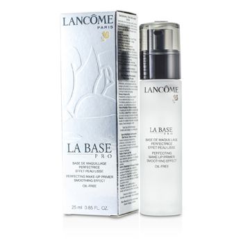 Clear glass bottle with a black pump top, labeled "LANCÔME Le Base Pro," alongside a silver and white box, both featuring elegant branding and product details.