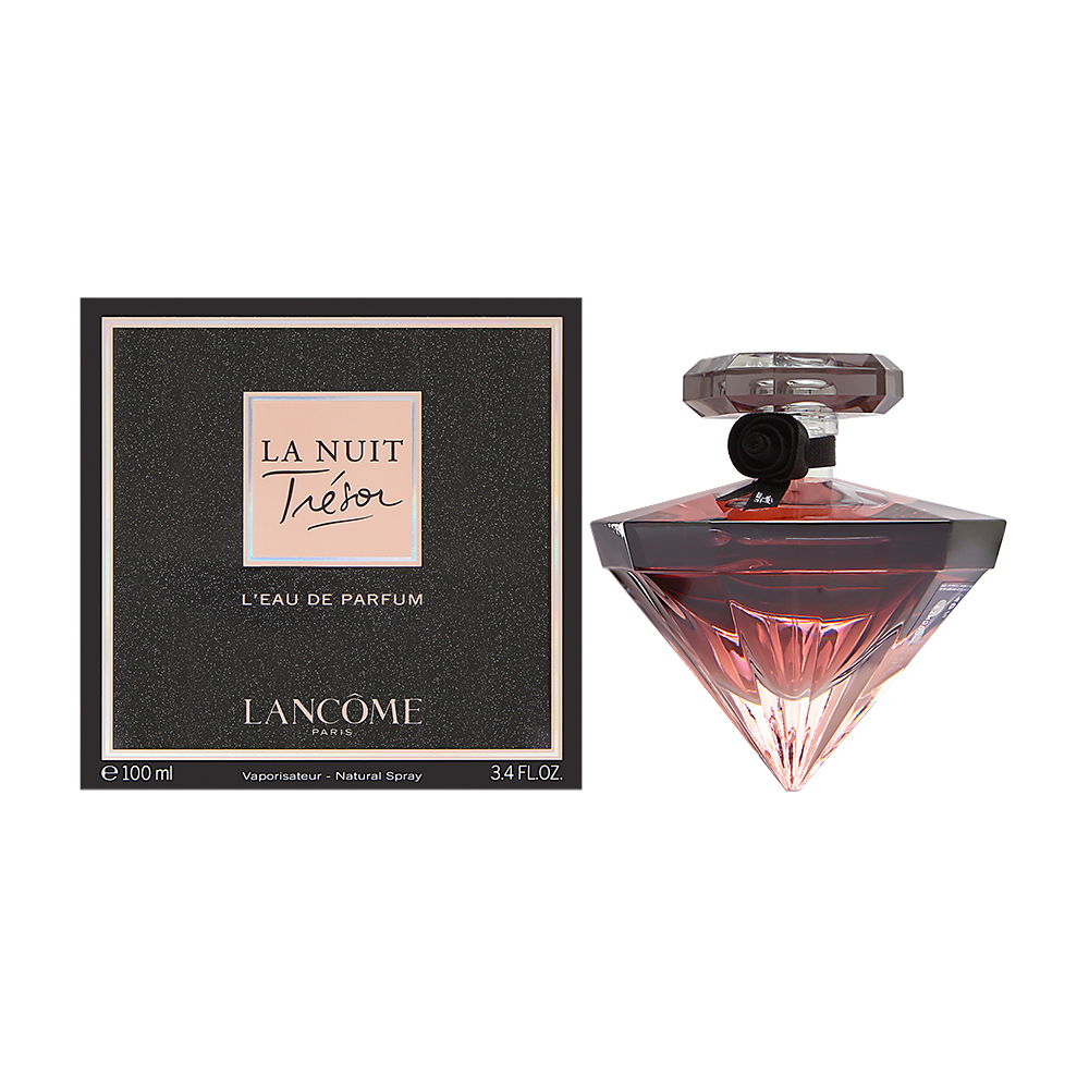 Tresor La Nuit by Lancôme features a diamond-shaped glass bottle in pink, topped with a black rose and a clear crystal cap, alongside a sleek black box with gold lettering.