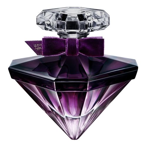 Purple diamond-shaped bottle with a faceted crystal cap and a velvet bow, featuring the label "La Nuit Trésor" in elegant script.