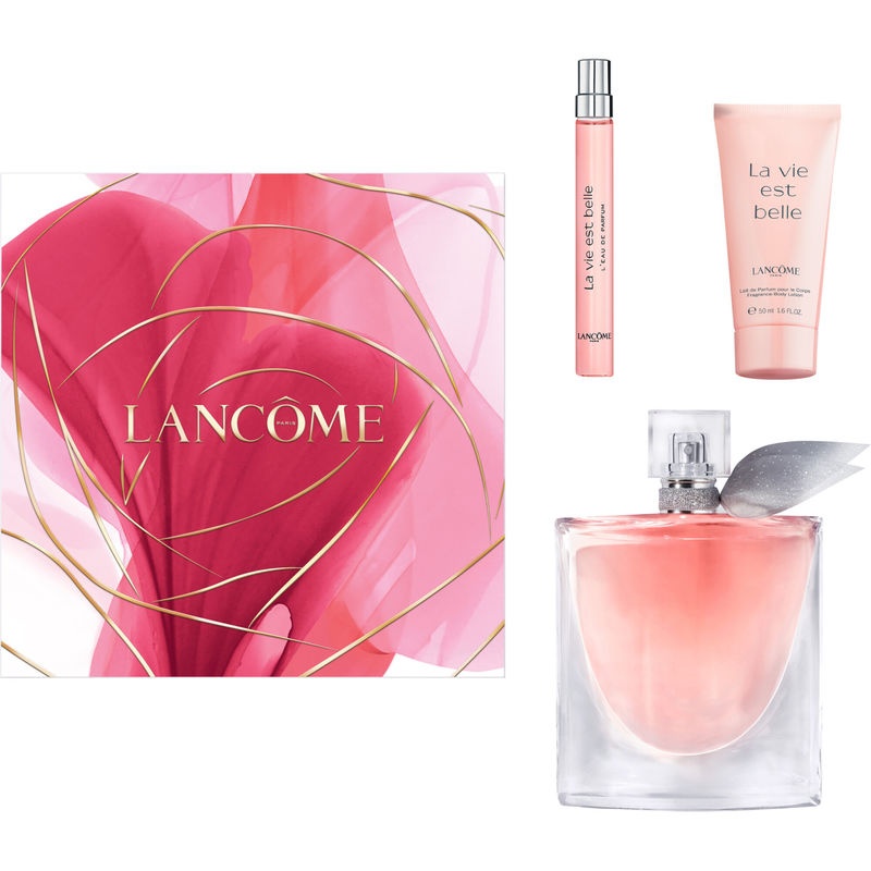 Lancôme La Vie Est Belle gift set featuring a 100ml EDP bottle with a silver leaf cap, a 50ml body lotion in a pink tube, and a 10ml EDP rollerball, all in a decorative pink box.