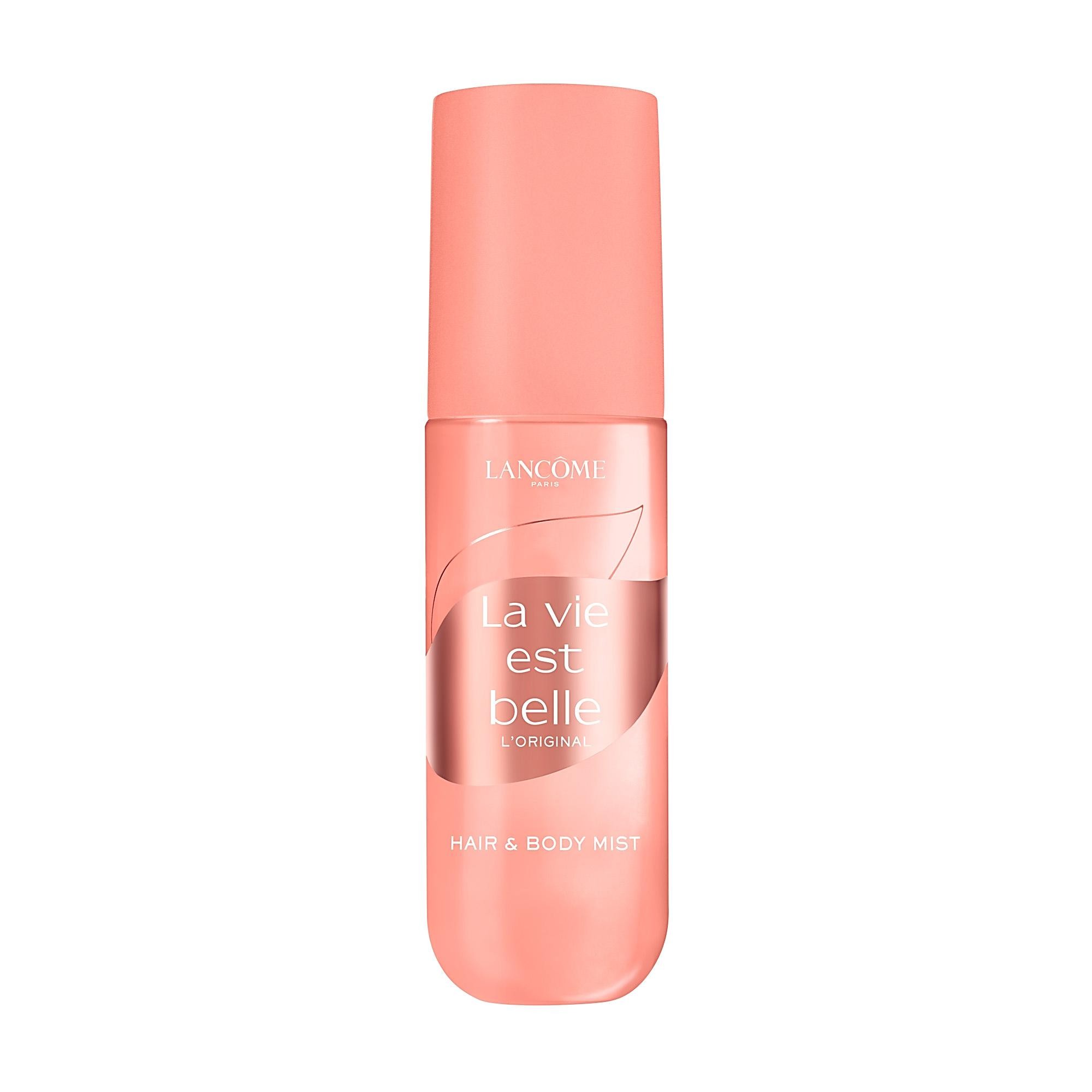 Pink bottle of Lancôme La Vie Est Belle Hair & Body Mist, featuring a sleek design with a rounded cap and a label that highlights the fragrance name and product type.