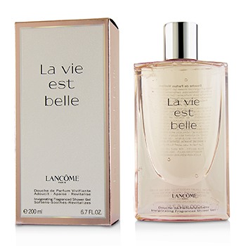 Clear glass bottle of Lancôme La Vie Est Belle Shower Gel, 6.7 oz, with a silver cap and a soft pink liquid, presented alongside a sleek, elegant box featuring gold accents.