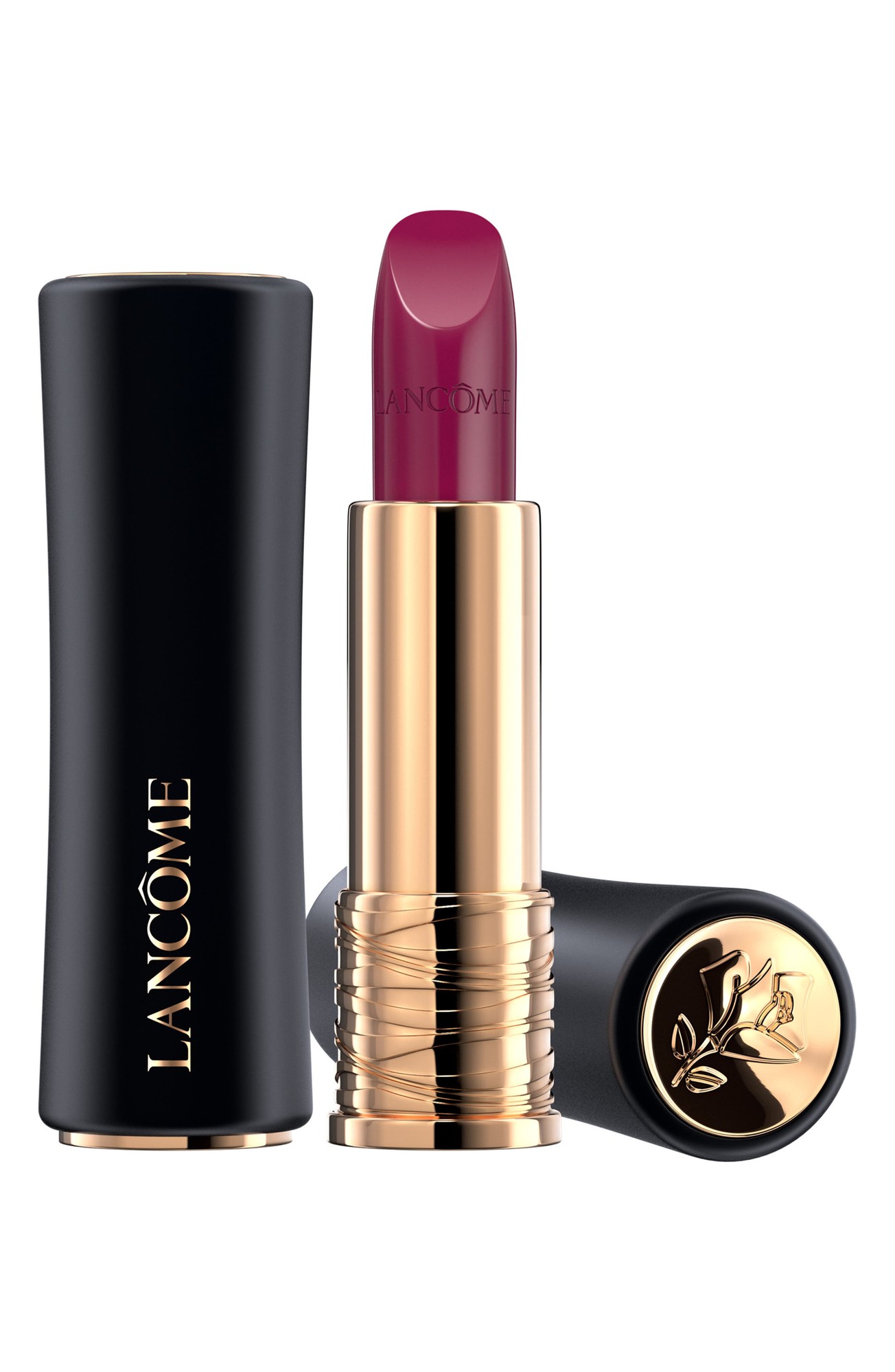 Lancôme L’Absolu Rouge Creamy Lipstick in shade 493 Nuit Parisienne, featuring a sleek black and gold tube with a floral emblem, showcasing a deep berry color.
