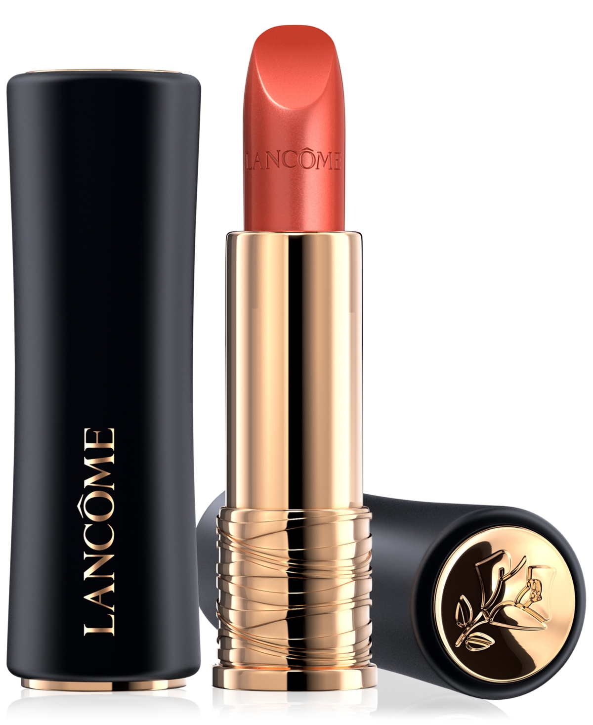 Lancôme L'Absolu Rouge Cream lipstick in a soft pink shade, housed in a sleek black and gold tube featuring a rose emblem on the cap.