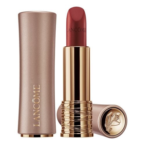 Lancôme L'Absolu Rouge Intimatte Lipstick in a deep red shade, housed in a sleek, metallic gold and rose-colored case with an elegant rose design on the bullet.