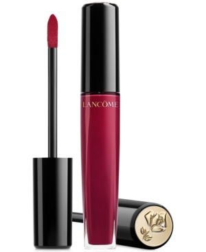Lancôme L'Absolu Velvet Matte Lipstick in shade 181 Entracte features a sleek black tube with a gold rose emblem and a matching applicator, showcasing a deep, rich burgundy color.