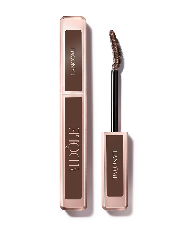 Lancôme Lash IDôle Mascara in a sleek rose gold tube with a curved applicator brush, designed for non-clumping, volumized lashes lasting up to 24 hours.
