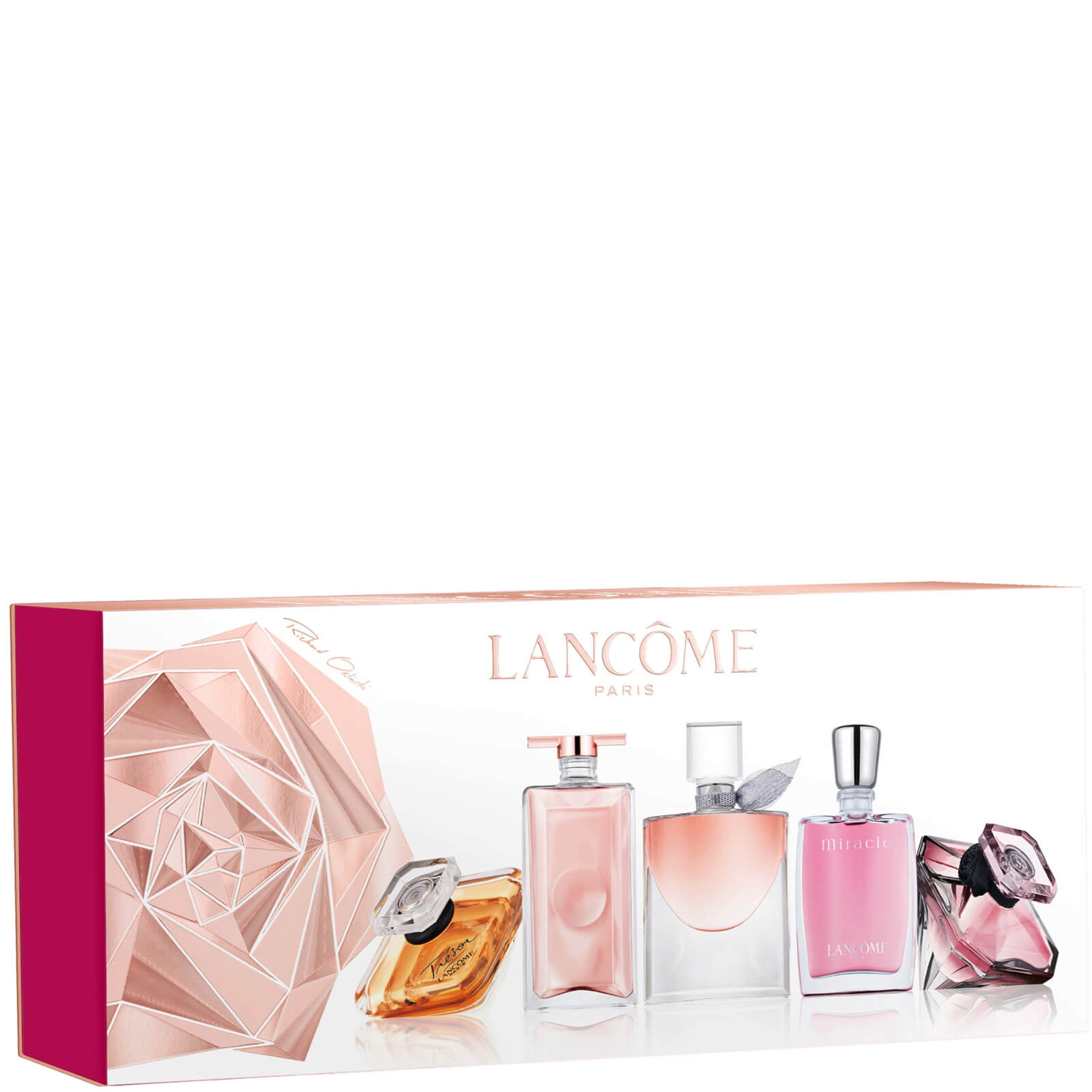 Lancôme Miniature Fragrances Gift Set featuring five elegant glass bottles of EDPs in varying shades of pink and gold, presented in a decorative box with a rose design.