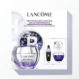 Renergie HPN 300 Cream gift set by Lancôme includes a 50ml cream in a sleek jar, accompanied by two smaller products, all featuring elegant packaging with purple and silver accents.