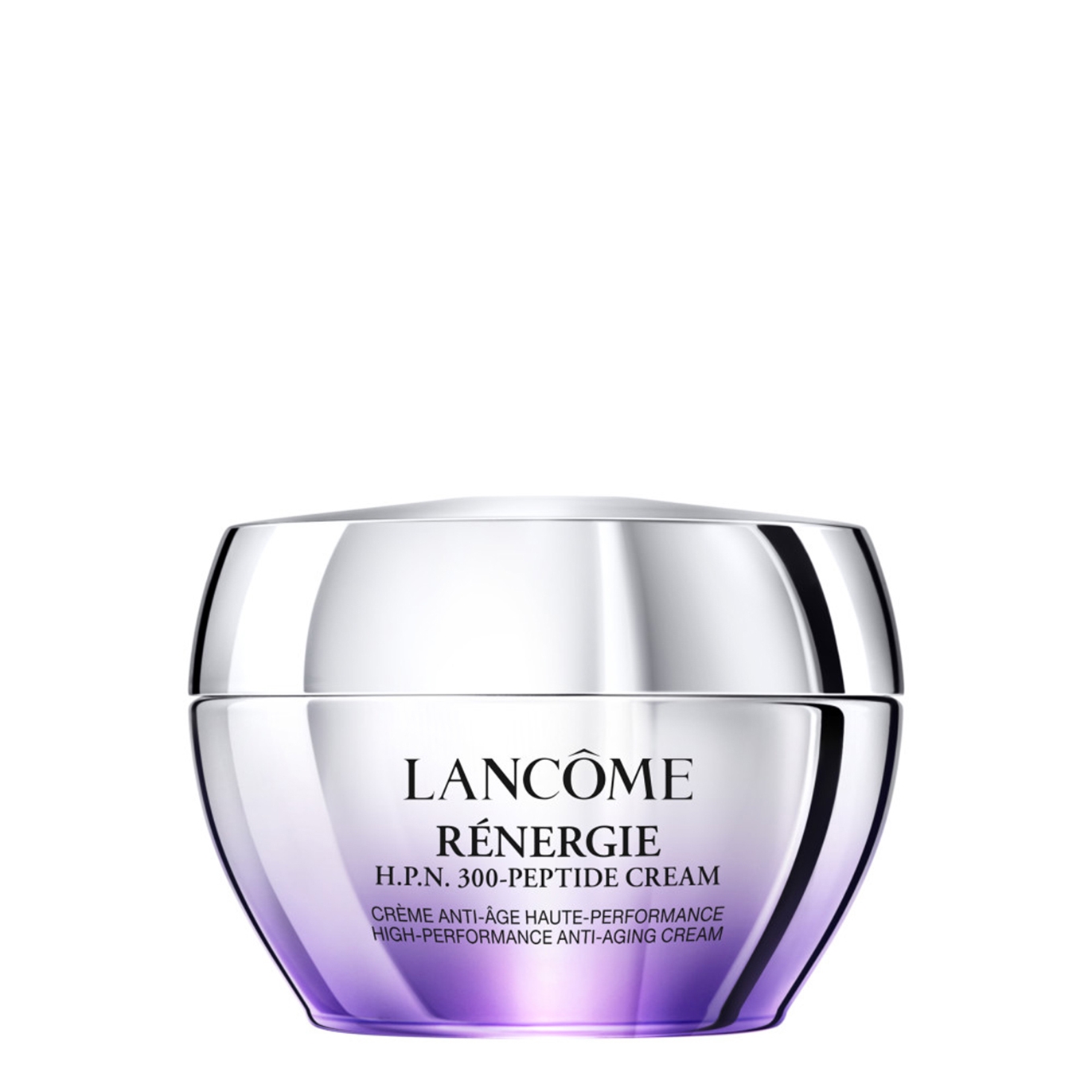 Lancôme Renergie H.P.N. 300-Peptide Cream in a sleek, silver and purple jar, featuring a glossy finish and elegant branding on the front.