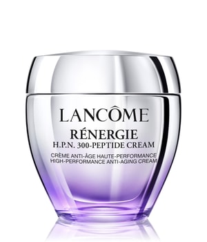 Lancôme Renergie Lift Multi-Action Night Cream in a sleek, clear jar with a silver lid, featuring a gradient purple base and bold black lettering on the front.