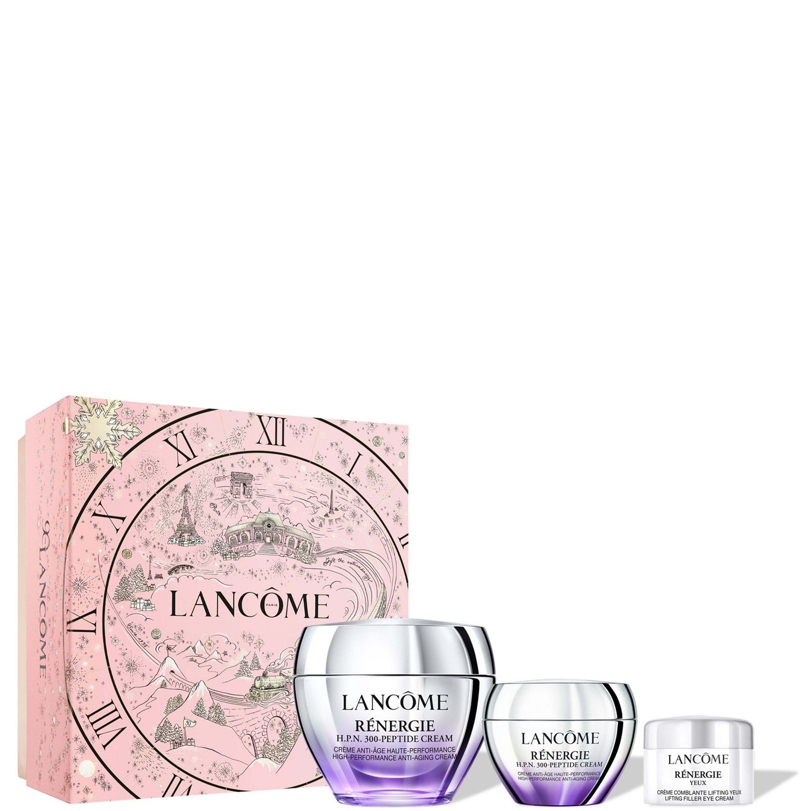 Pink gift box with a whimsical design, containing three Lancôme Rénergie skincare products in elegant silver and purple jars, featuring the brand name prominently displayed.